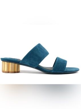 Salvatore Ferragamo Teal Suede Mule Sandal Gold Fluted Block Heel Size 8/38